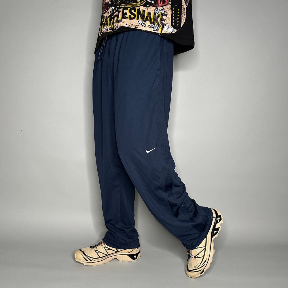 Nike Sweatpants Navy Blue Polyester White Swoosh Baggy Wide Leg